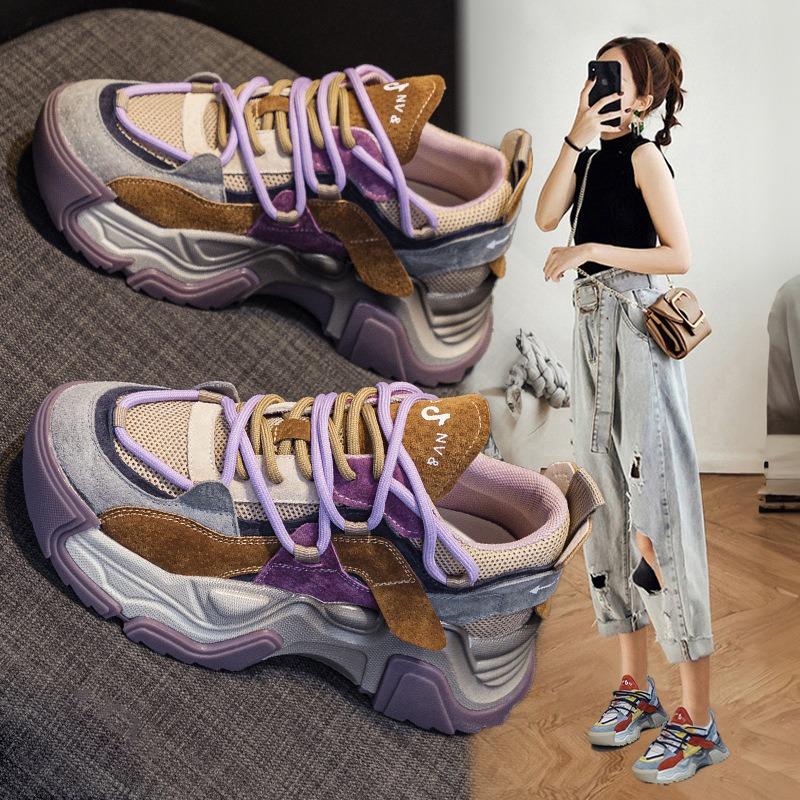 Suction film bottom leather thick sole dirty dad shoes spring and autumn new trend color matching mesh sports casual women's shoes
