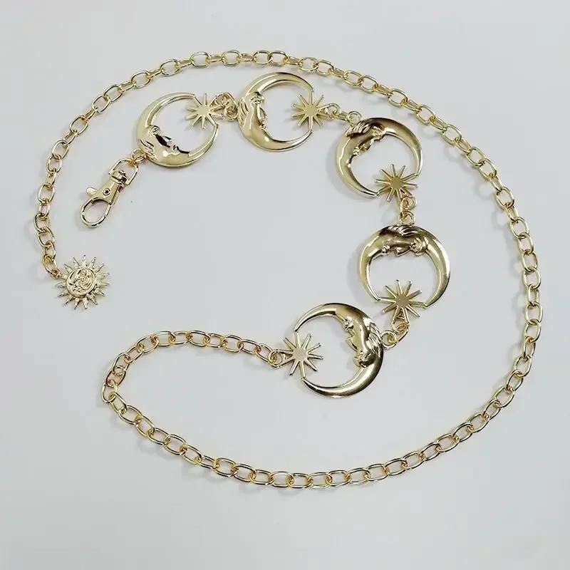 Womens Korean Fashion Belt Hip High Waist Gold Silver Narrow Metal Chain Gothic Moon Silver Pendant Vintage High Waist Chains