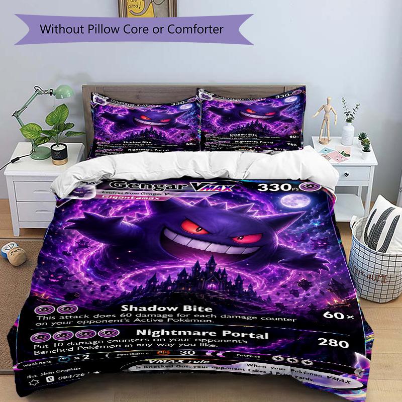 Gengar Vmax Shadow Bite Print 3Pcs Bedding Set,Duvet Cover with 2 Bedro,Pillowcase Home Birthday Gift