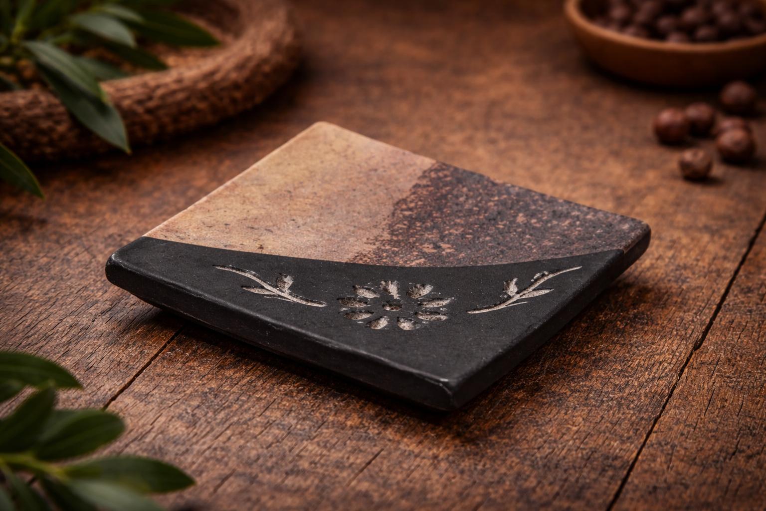 Brown & Black Soapstone Soap Dish with Flower Carving – Handcrafted Decorative Bathroom Soap Holder