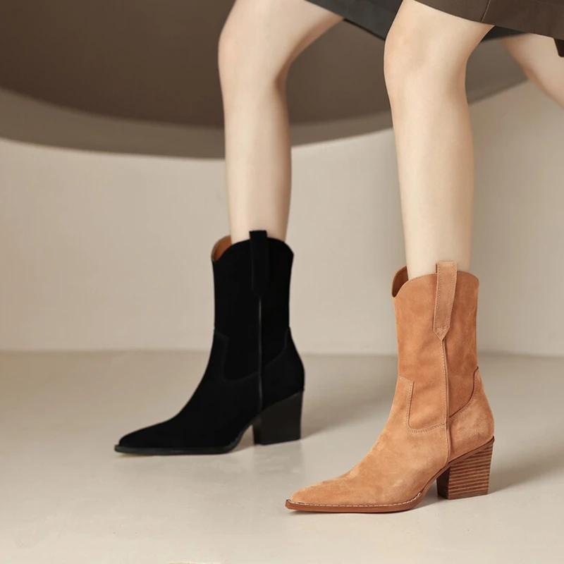 Fashion NEW Autumn Women Boots Sheep Suede Shoes Women Pointed Toe Chunky Heel Women Boots Winter Short Western Boots Women Cowboy Boots