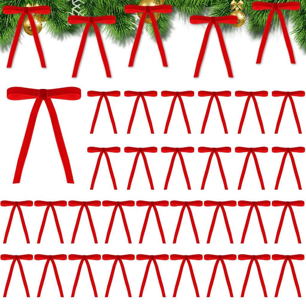 Set of 24 Velvet Bow Tie Ribbon Ornaments for Christmas Trees and Holiday Parties