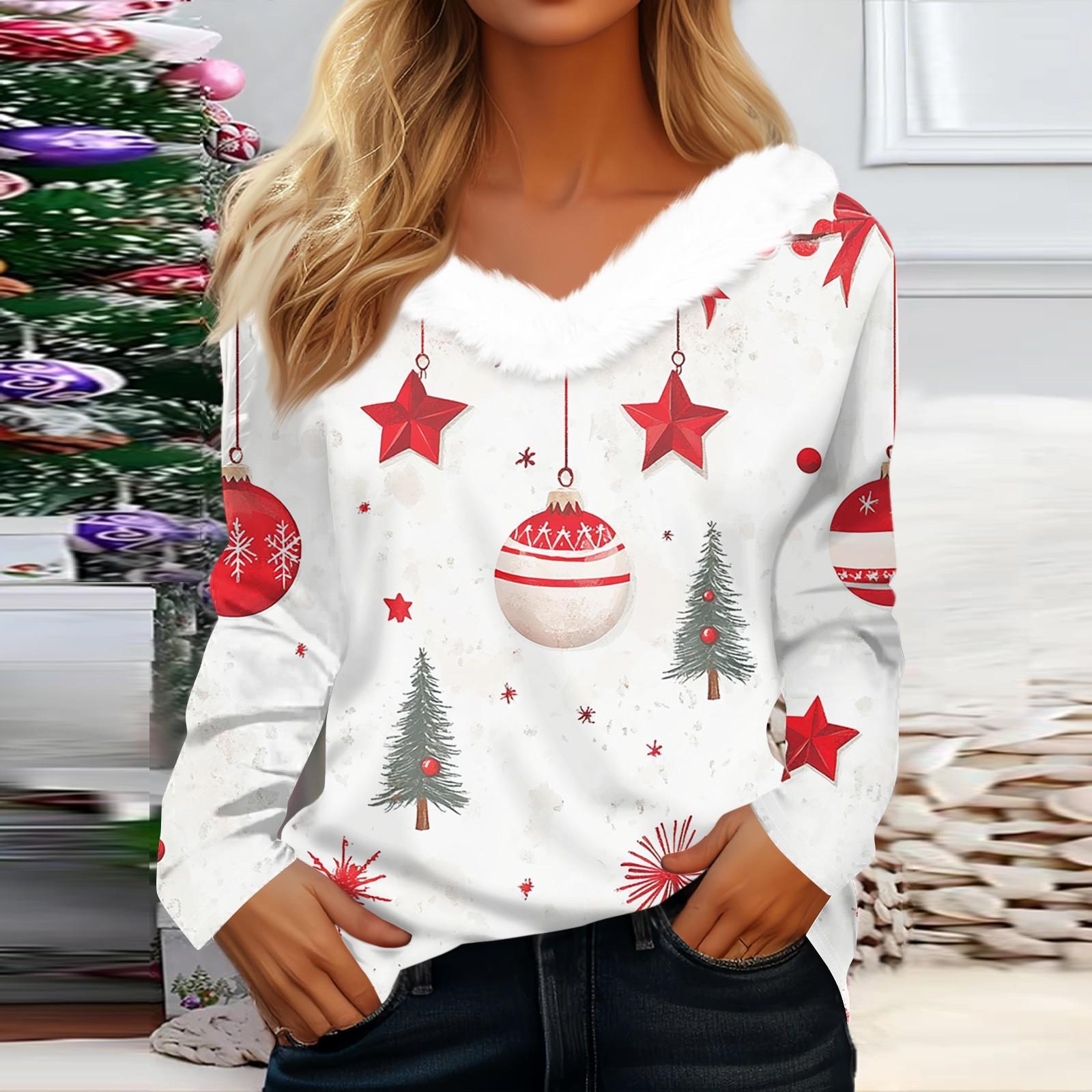 

Рубашки с длинным рукавом для женщин Милые топы Рождественские принты Футболки Блузки Повседневные топы больших размеров Базовые топы Пуловеры XL белый