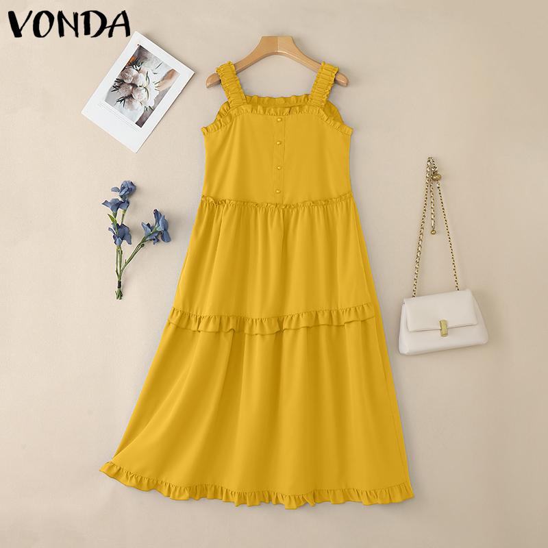 

VONDA Женское платье на бретелях повседневное с квадратным вырезом без рукавов свободное плиссированное платье макси 3XL