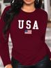 Women's Spring and Autumn 100% Polyester Comfortable Casual Fashion Long Sleeve American Flag Graphic Printed Round Neck T-shirt
