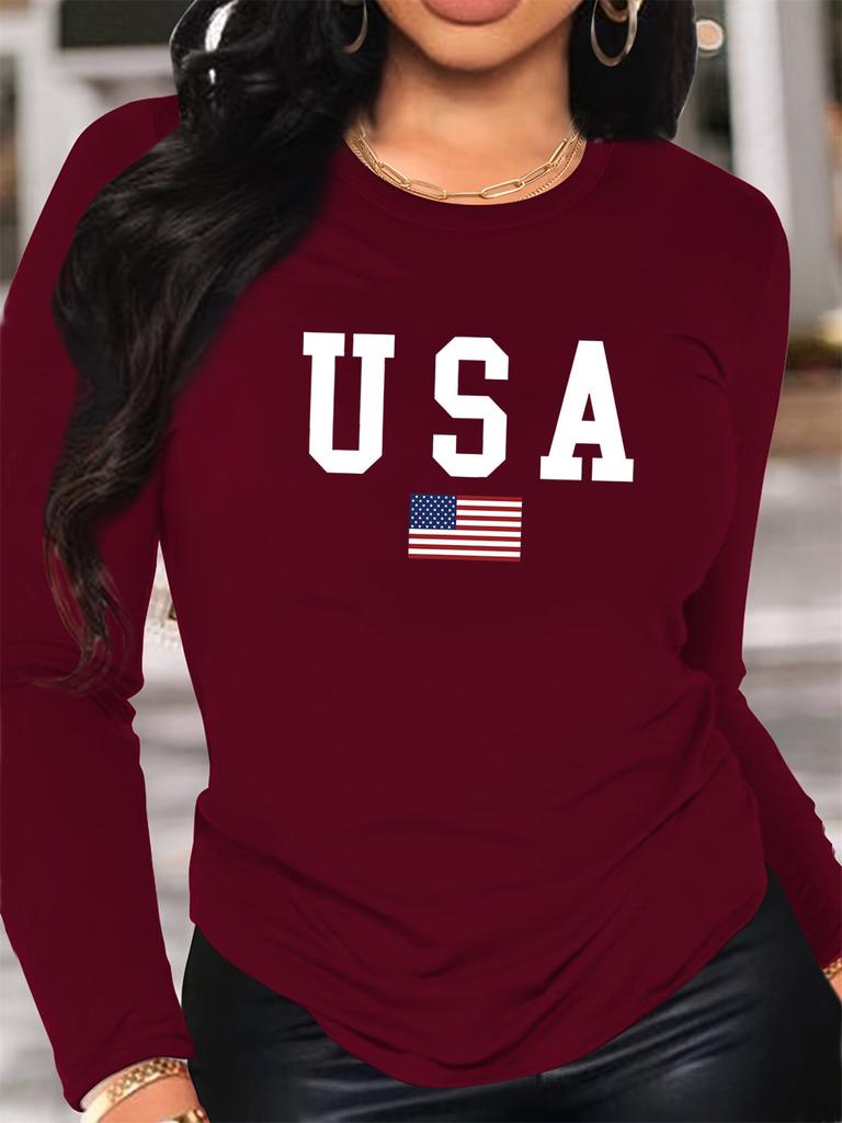 Women's Spring and Autumn 100% Polyester Comfortable Casual Fashion Long Sleeve American Flag Graphic Printed Round Neck T-shirt