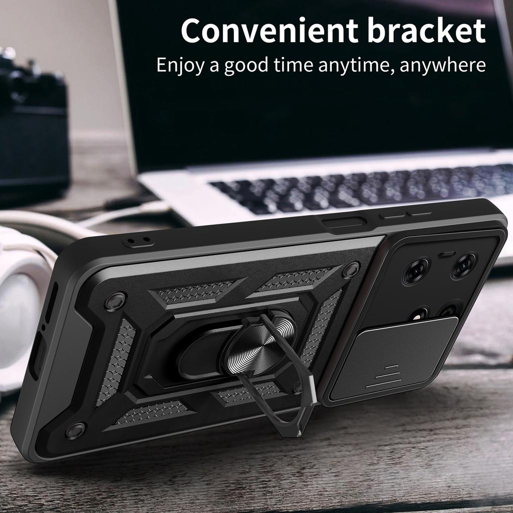 For TECNO Spark 10 Pro PC+TPU Anti-Scratch Phone Case Slide Lens Protection Kickstand Cover