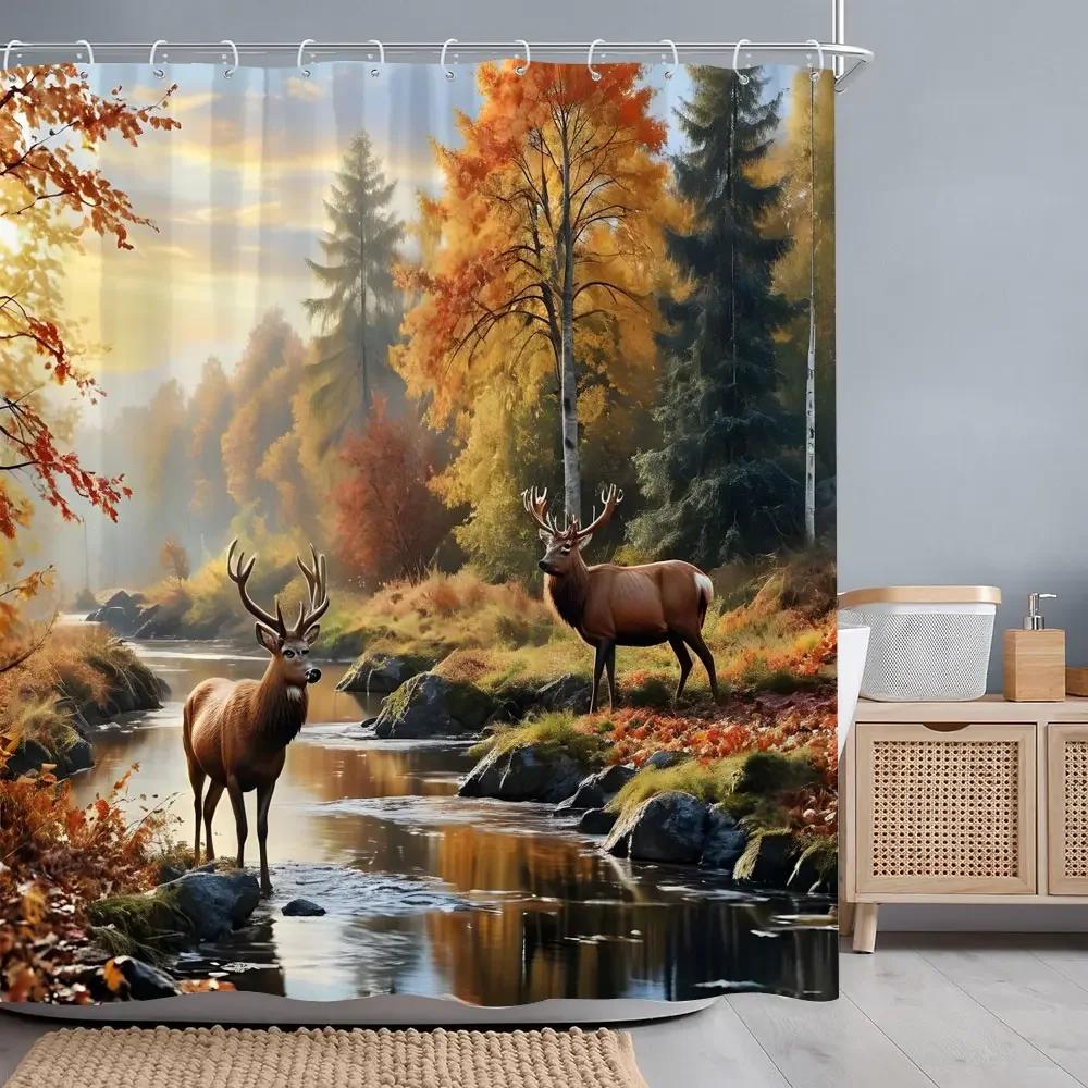 Herbstwald Hirsch Duschvorhang Fluss Sonnenuntergang Rustikale Scheune Thanksgiving Polyesterstoff Badvorhänge Badezimmerdeko mit Haken