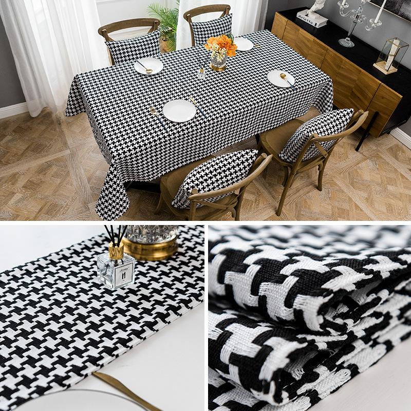 Thick Houndstooth Cotton Linen Tablecloth Simple Black White Checkered Tea Table Cover