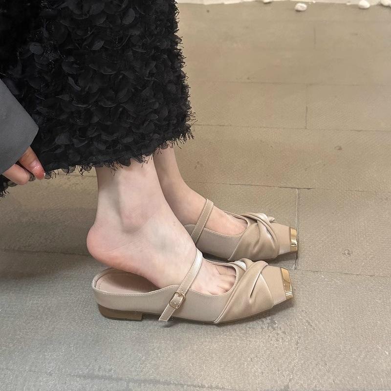 Metal square head flat heel half drag 2025 spring bag head soft leather soft sole slippers women wear one word with Mary Jane shoes
