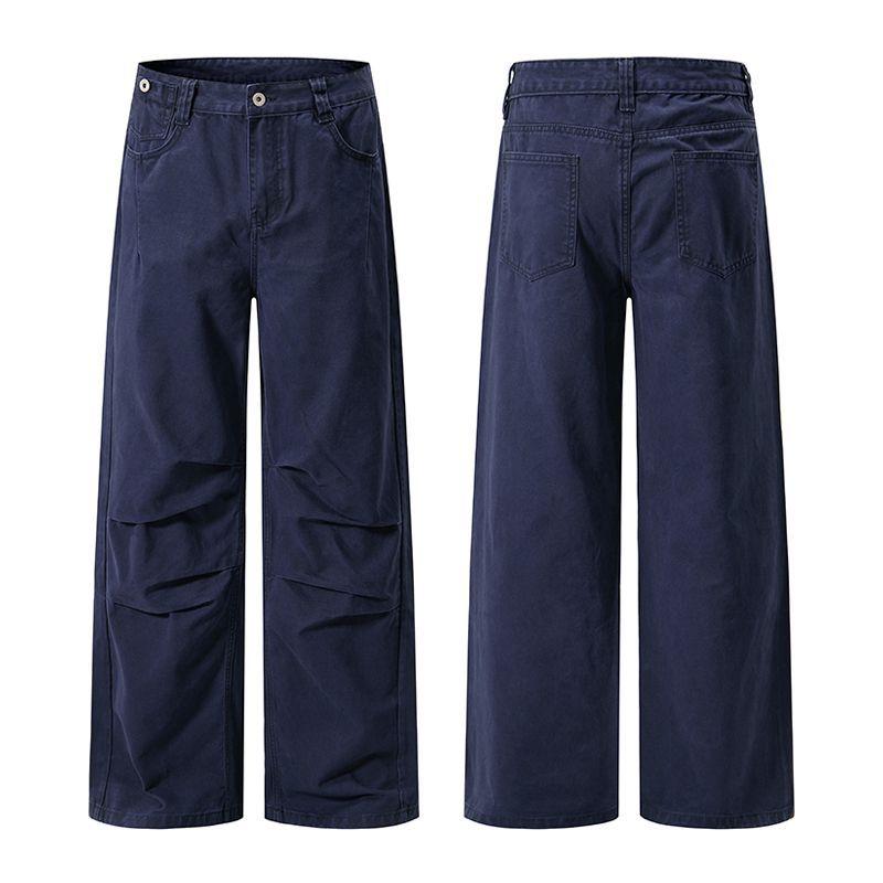 American retro trendy brand pleated design casual pants men's trend fashion loose wide-leg straight overalls