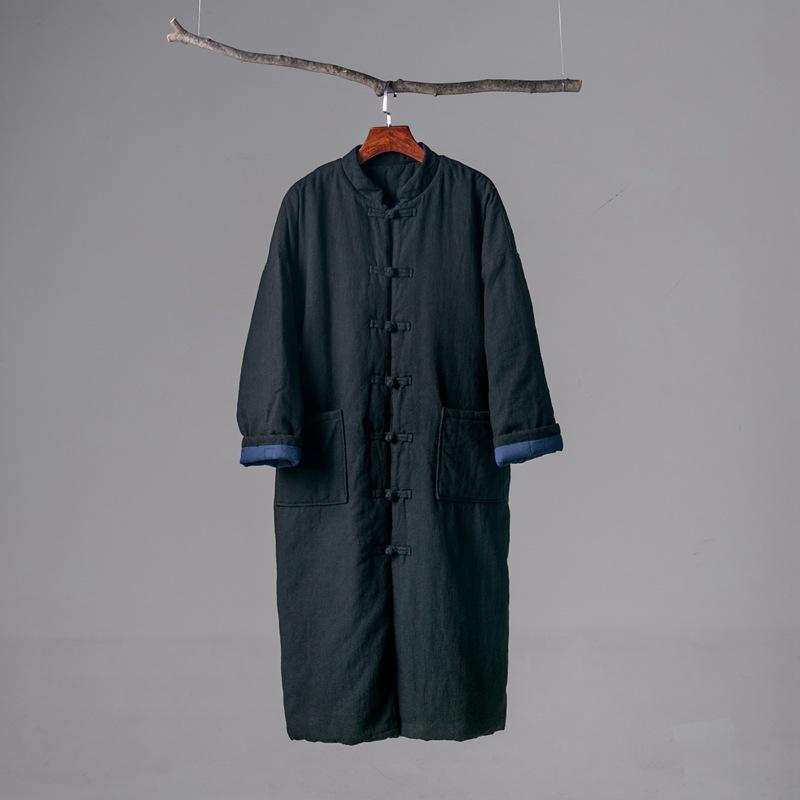 25 Winter New Cotton and Linen Women's Clothing Chinese Retro Sand Wash Stand-up Collar Buckle Ramie Long Cotton Clothes Women's Cotton Clothes