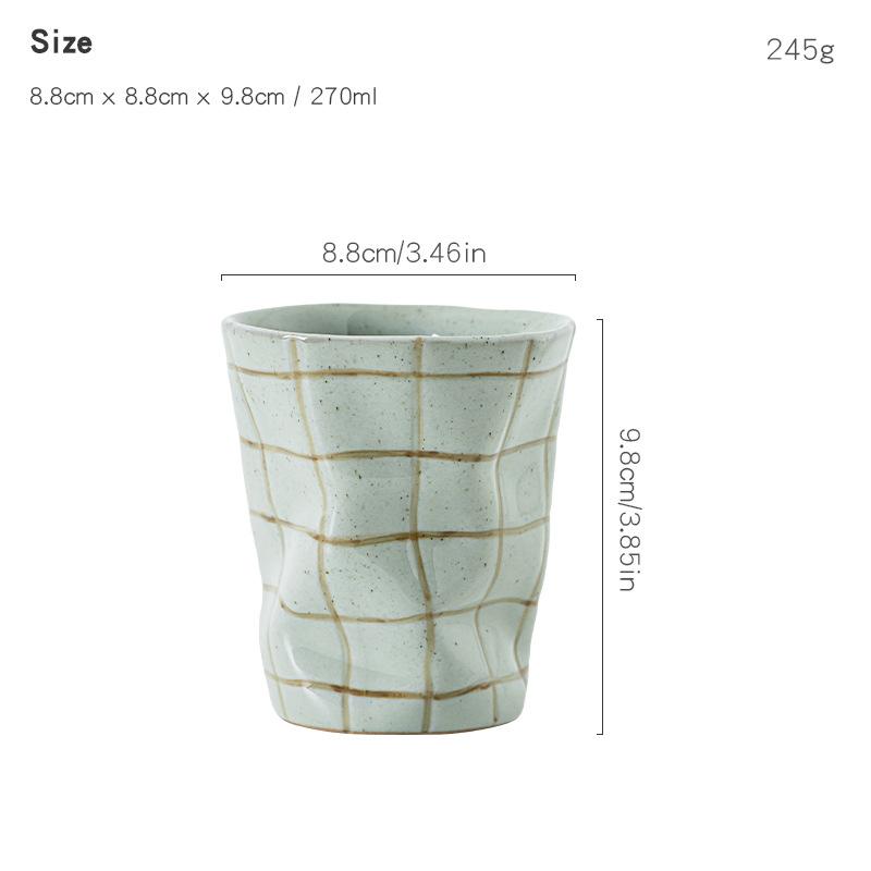 Japanese Handmade Rough Pottery Mugs Retro Plaid Fold Ceramics Coffee Cups Household Restaurant Milk Juice Cereal Breakfast Cups