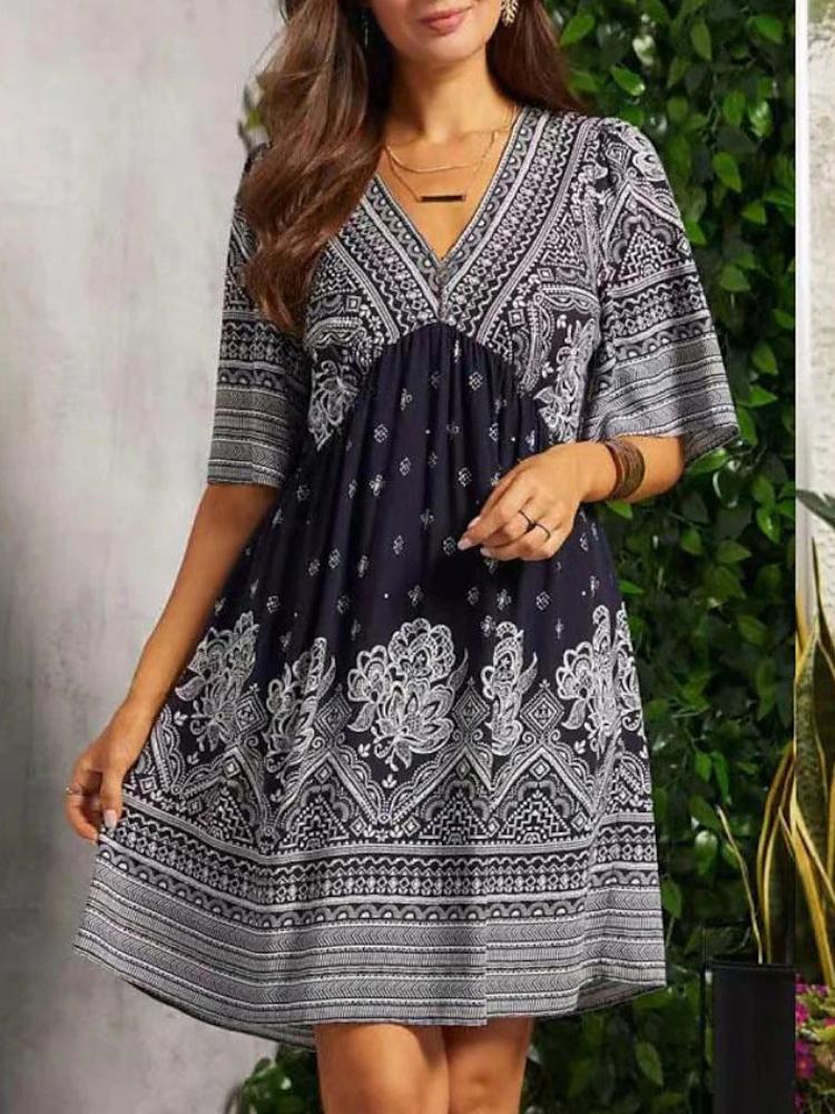 

Женское этническое платье с цветочным принтом, V-образным вырезом, короткими рукавами и свободной юбкой для лета (Черный/Фиолетовый/Синий/Розовый/Бирюзовый) S