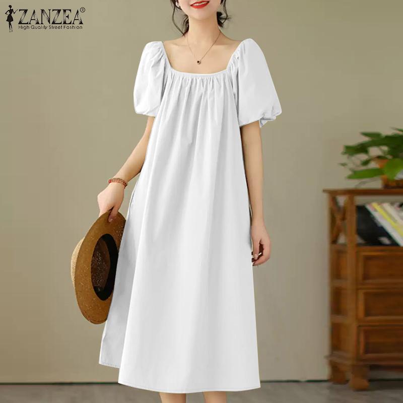 ZANZEA Women Square Collar Loose Casual Summer Short Sleeve Dress
