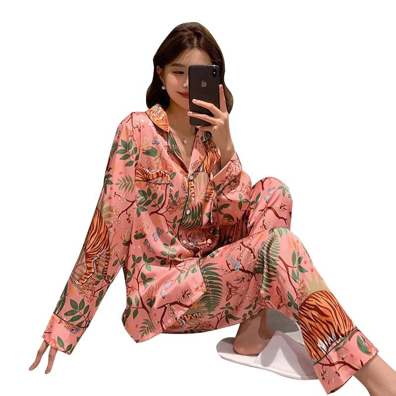 Pyjama Damen High-End Eis Seide Langarm Anzug Frühling Und Sommer Leichter Luxus Dschungel Tiger Muster Loungewear