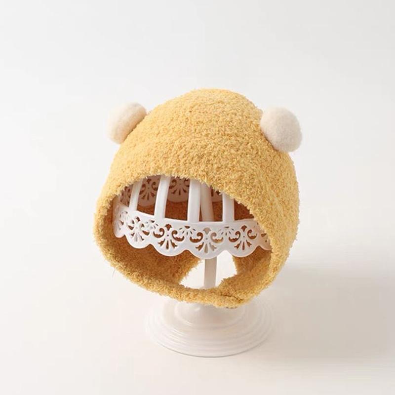 Cute Winter Warm Kids Girl Boys Baby Hats Fleece Wool Hemming Caps With Ball Solid Wool Ear Protection Hats Soft Newborn Bonnet