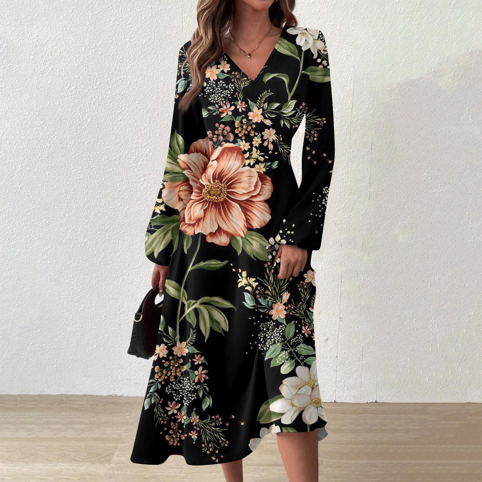 

Женское осенне-зимнее повседневное модное длинное платье с v-образным вырезом и длинным рукавом с принтом L