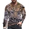 Round Neck 3D Tiger Lion Printed Top Casual Long Sleeved Men's T-shirts - Soft Medium Stretch Polyester Fabric Spring and Autumn Relaxed Fit Clothing