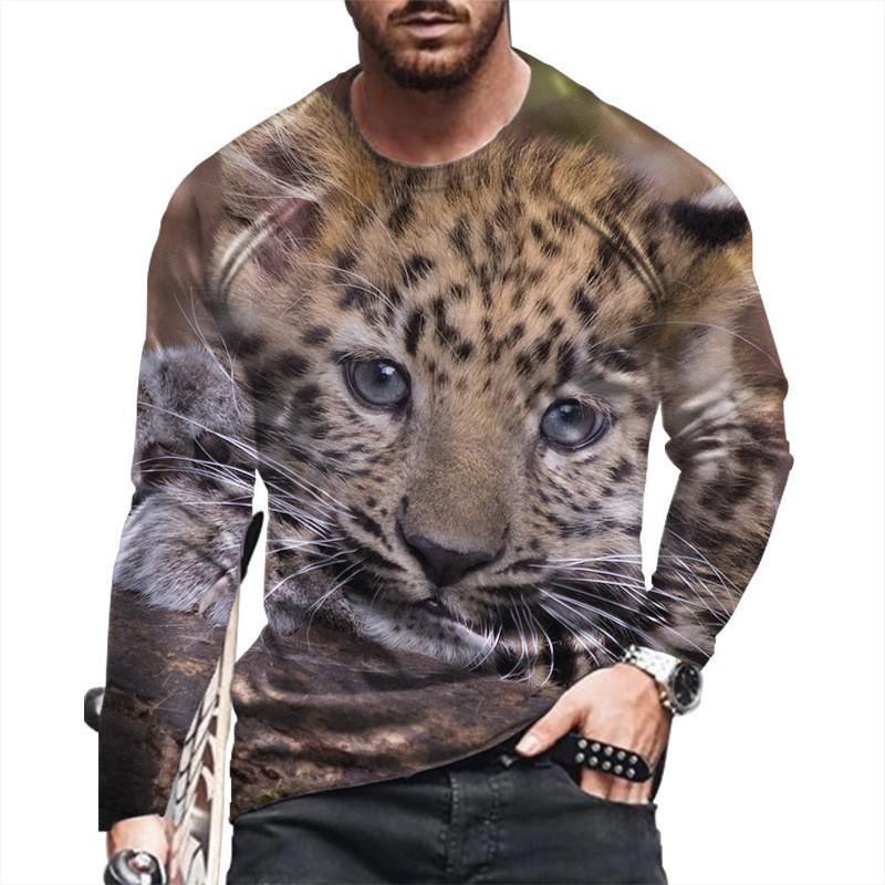 Round Neck 3D Tiger Lion Printed Top Casual Long Sleeved Men's T-shirts - Soft Medium Stretch Polyester Fabric Spring and Autumn Relaxed Fit Clothing