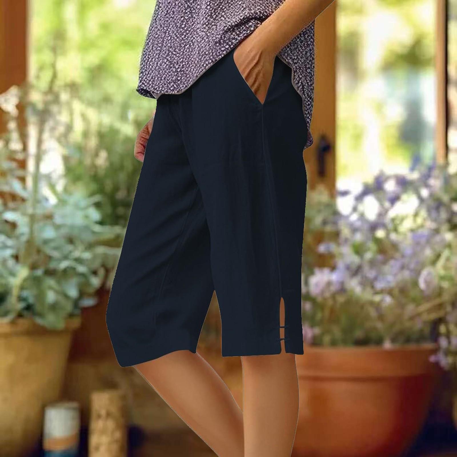 

Women s Fashion Solid Color Loose Pocket Elastic Waist Cotton Linen Casual Five Pants M Темно-синій