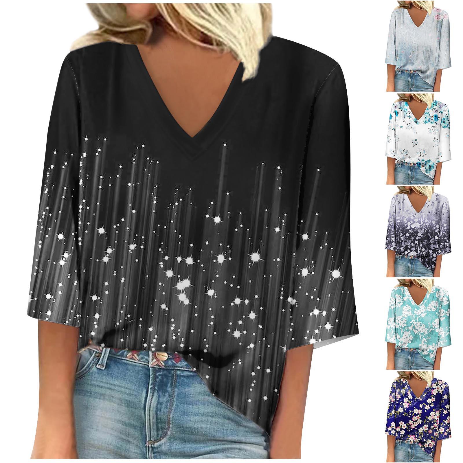 

Women s Fashion Loose Casual Seventh Sleeve V-Neck Printed T-Shirt Top XL розовый