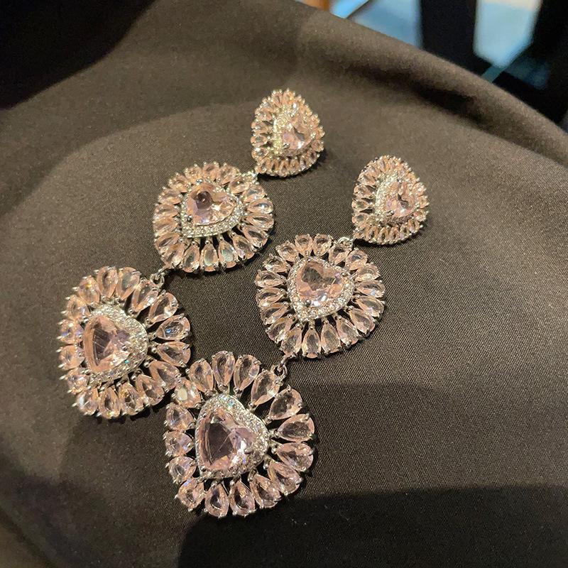 

Супер-блестящие драгоценные камни роскошные трехслойные серьги Heart-To-Heart Love женские длинные круглые тонкие высококачественные микро-закрепки розовый