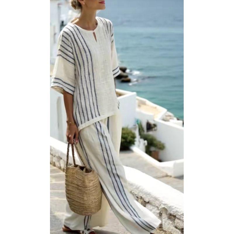 

Fashion Style Women s round Neck Stripes Short Sleeve Tops Casual Pants Women s 2-Piece Set Blue Stripe XXL
