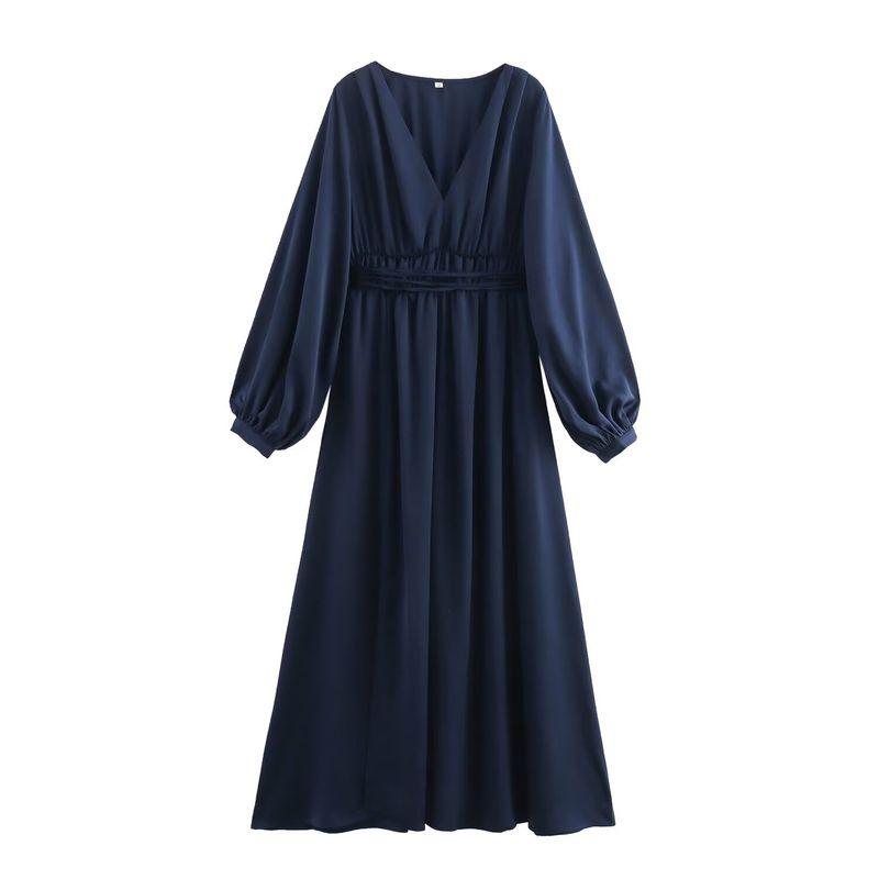 Kaslead New Arrival Women's Clothing Fashion Style Fashion Minimalist Satin V Neck Waist-Tight Puff Sleeve Dress