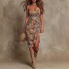 Women's Spaghetti Strap Floral Print Midi Dress Slim Fit Ruched Slit Summer Party Dress