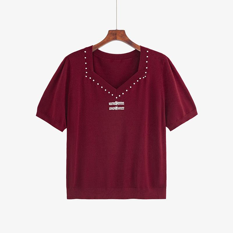 

Футболка больших размеров, женская блузка с квадратным вырезом и бисером, весна-лето, свободная футболка с короткими рукавами, трикотаж 3XL красный