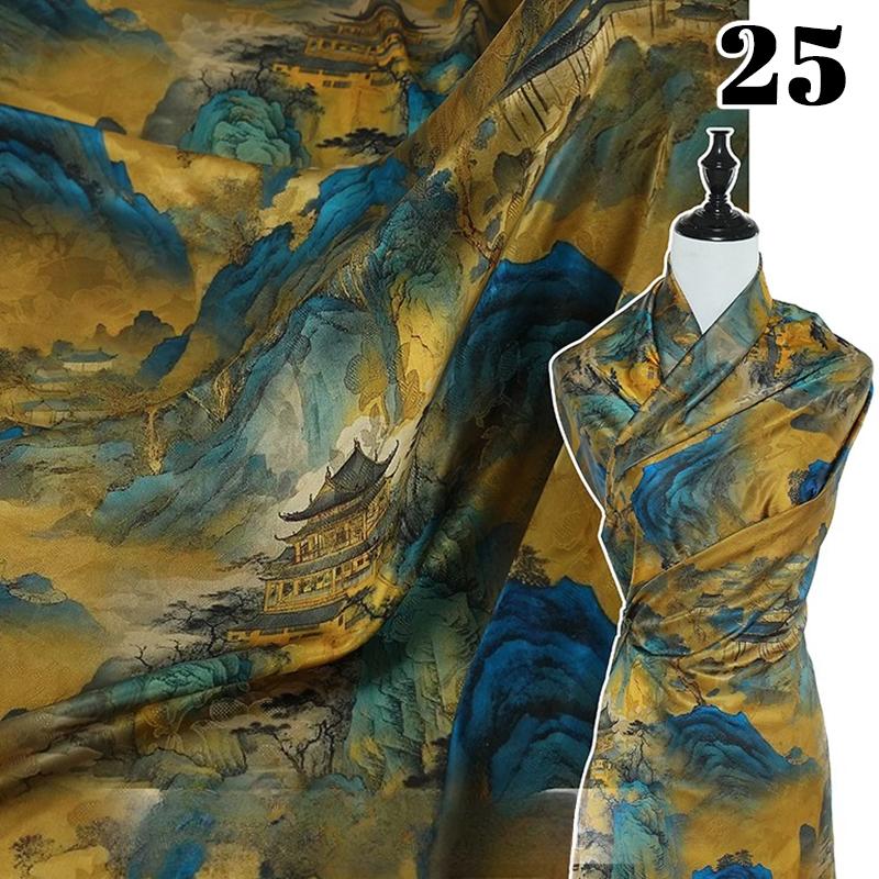 Krajinná hedvábná strečová saténová látka 50x150cm pro tradiční čínské vintage Hanfu Cheongsam dámské oblečení šaty šicí řemesla