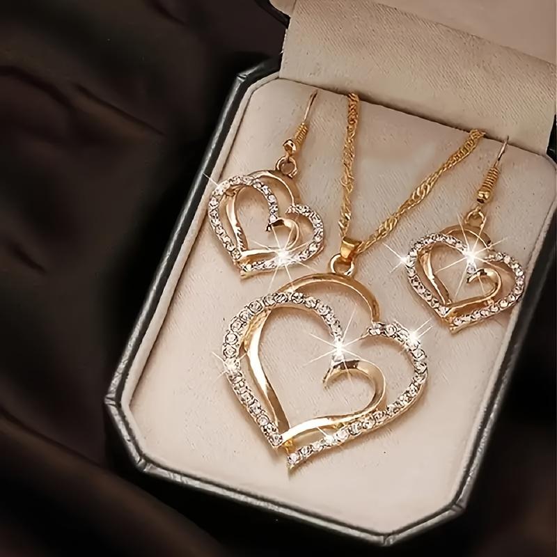Sparkling Rhinestone Double-layer Hollow Heart-shaped Pendant Necklace Women's Temperament Versatile Jewelry Set