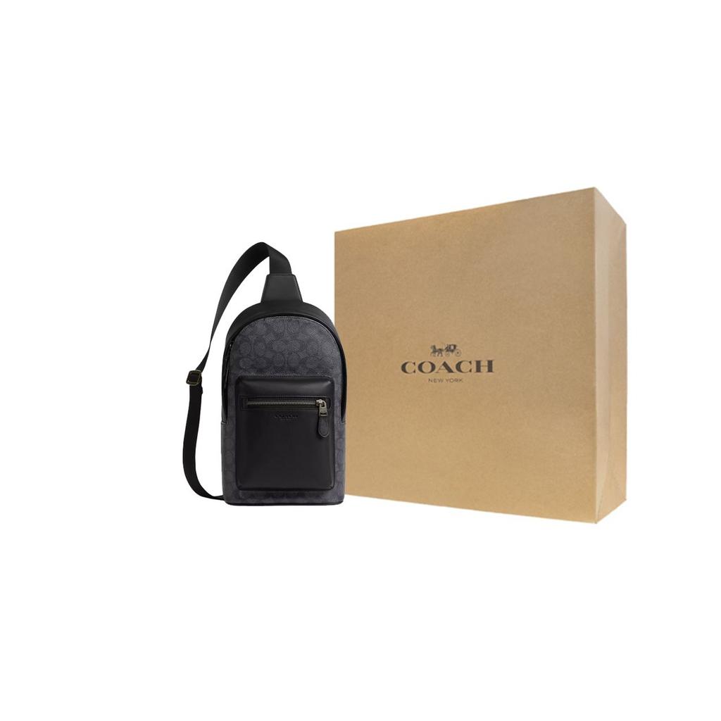 Coach West Pack 20 Metal Logo Zipper Closure Coated Canvas Crossbody Chest Bag Small Men Bags Charcoal Black CV924-QBMI5