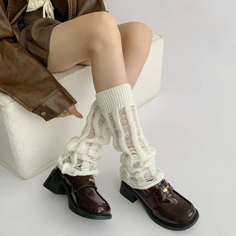 Y2k Hole Leg Warmers White Pile Socks Women Trumpet Leg Covers Jk Calf Socks Gothic Black Punk Japanese Boot Cuffs Slouch Socks