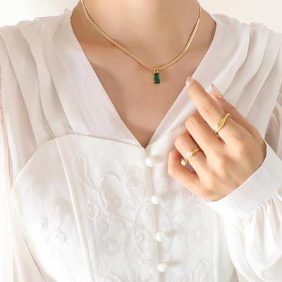 Japanese-Korean Style Gold-Plated Titanium Snake Chain with Emerald Zircon Pendant