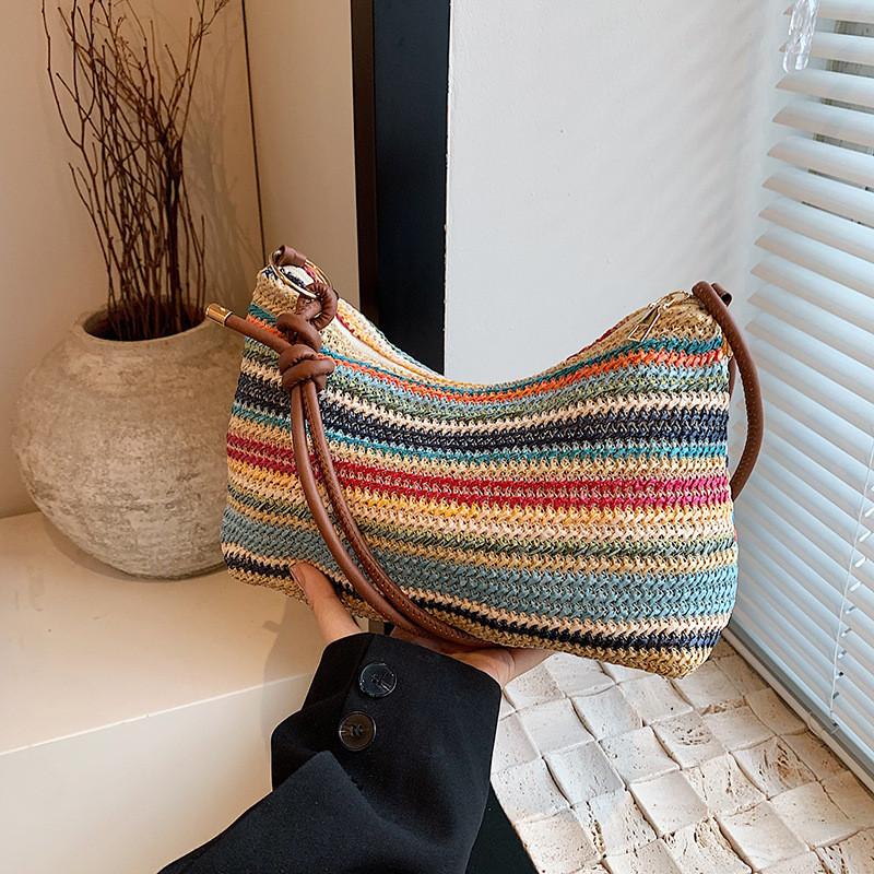 Summer Women Woven Bag With Zipper Closure For Casual Daily Use