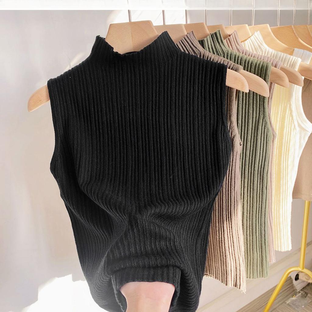 Women's Spring Summer Shrug Short Sleeveless European Style Half High Neck Knit Vest Thin Lining Top