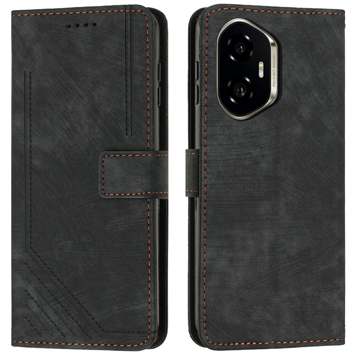 

For Honor 300 Case Imprinted Lines Leather Phone Cover Folding Stand Black