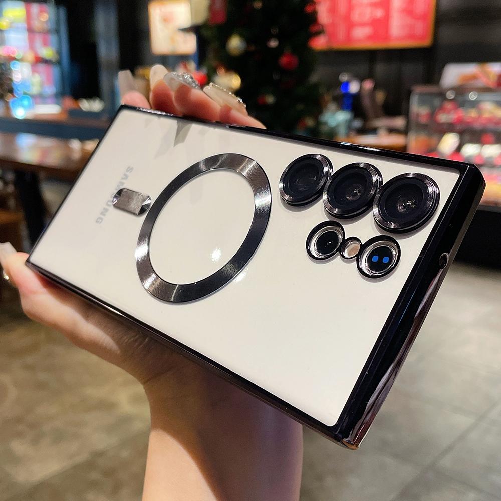 Plating Magnetic Transparent Case For Samsung S25 S24 Ultra S23 Plus S22 S21 FE Note 20 Wireless Charge Lens Protection Cover