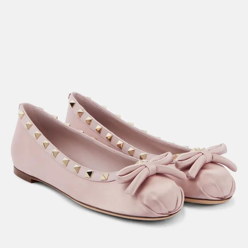 Fashion Bowknot Rivet Pleated Flat Sole Single Shoe Spring/Summer Comfortable Outdoor Hiking Commuting Mary Jane Ballet Student Shoes 44