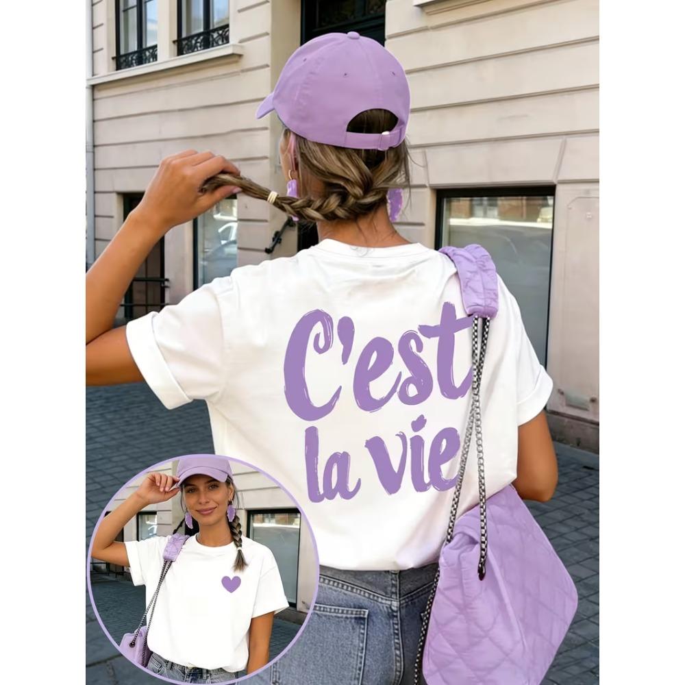 C'est La Vie Heart Graphic T-Shirt, Women's T-shirt with Retro French Letter Print Front & Back , Spring Summer Daily Wear