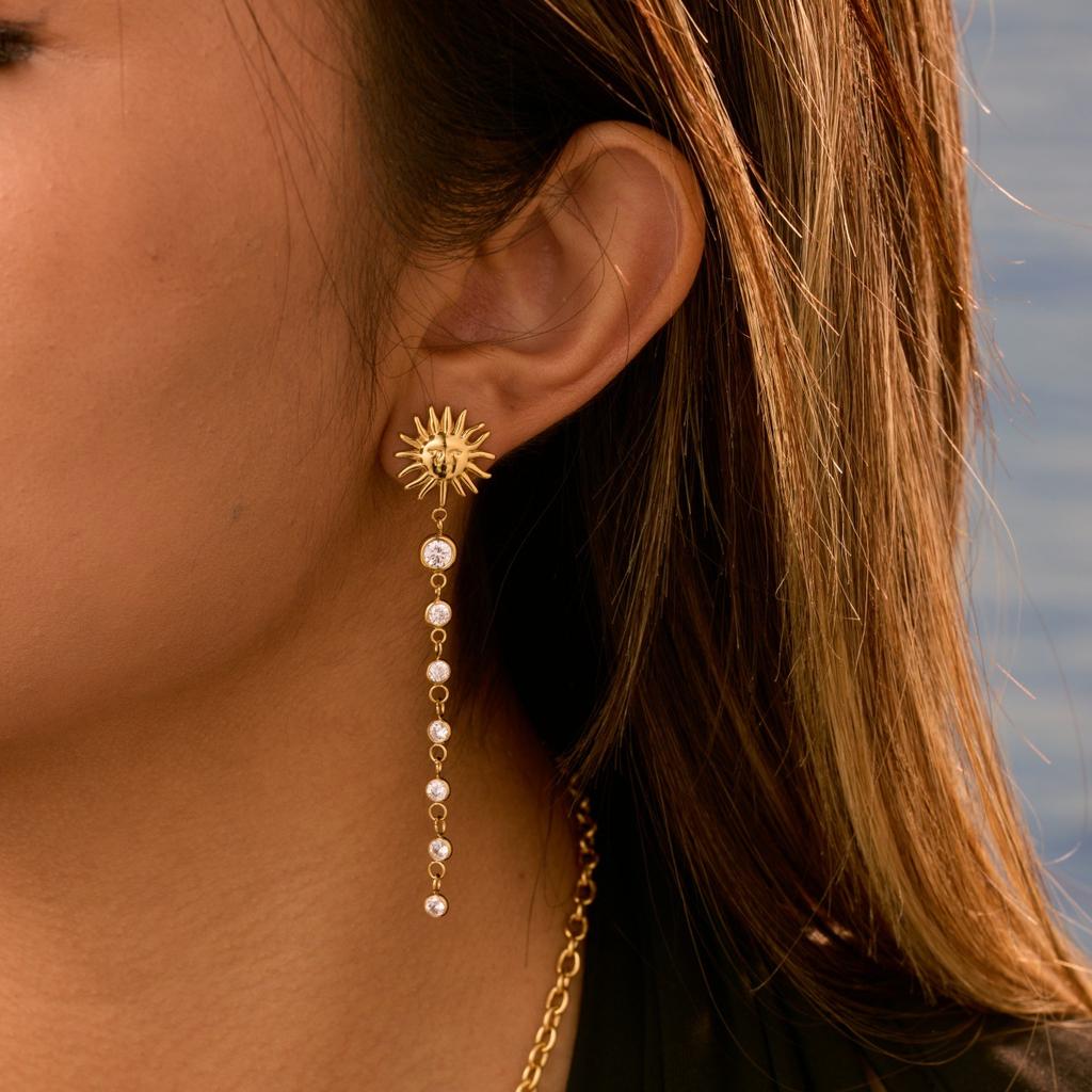 GEMCHIC Women's 18K Gold Stainless Steel Smiley Sun Zircon Tassel Earrings Fashion Light Luxury