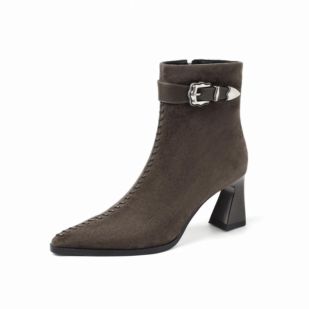 7CM brown fashion versatile temperament short boots 2025 autumn and winter new pointed thick heel side zipper fashion boots women's boots