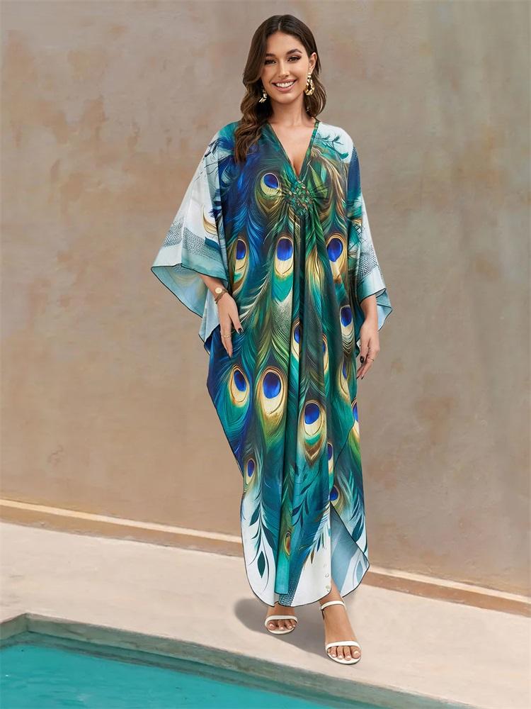 EDOLYNSA 2024 Green Peacock Plume Printed Beach Dress V-neck Side Split Plus Size Kaftan Summer Boho Swimsuit Coverup For Women Cozy House Robe Q1588