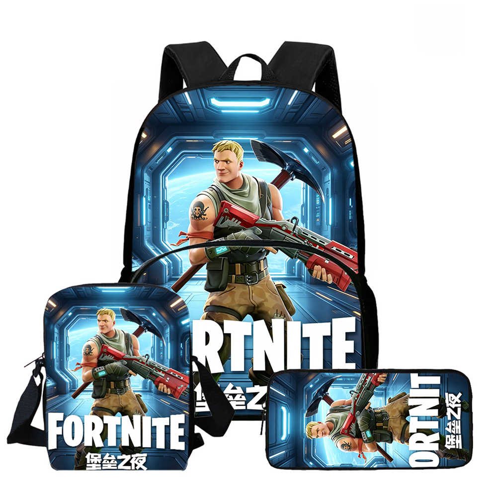 3Pcs Set School Backpack With Front Pocket & Crossbody Bag & Pencil Bag,Cartoon Fortnite For Age 6-10,Lightweight For Boys Girls