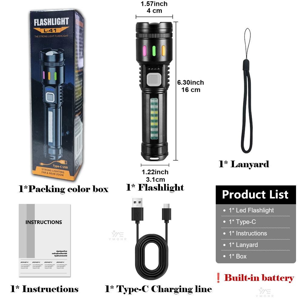White Laser High Power Flashlight USB C Rechargeable Flashlight 18650 EDC Torch Lamp with Side Lights Work Light Camping Lantern
