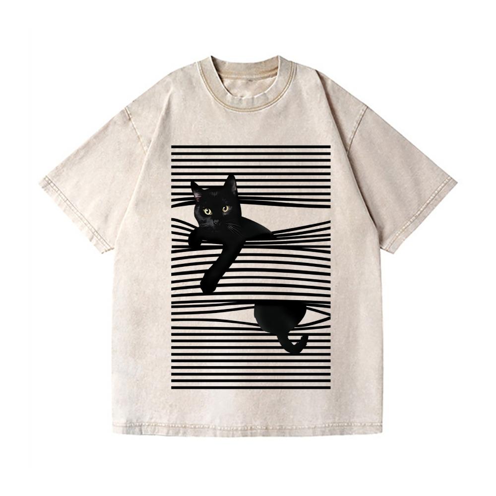 Fashion Black Cat Line Art Vintage Wash T-Shirt Japanese Style Holiday Unisex Funny Dropped Shoulder Sports Tees Casual