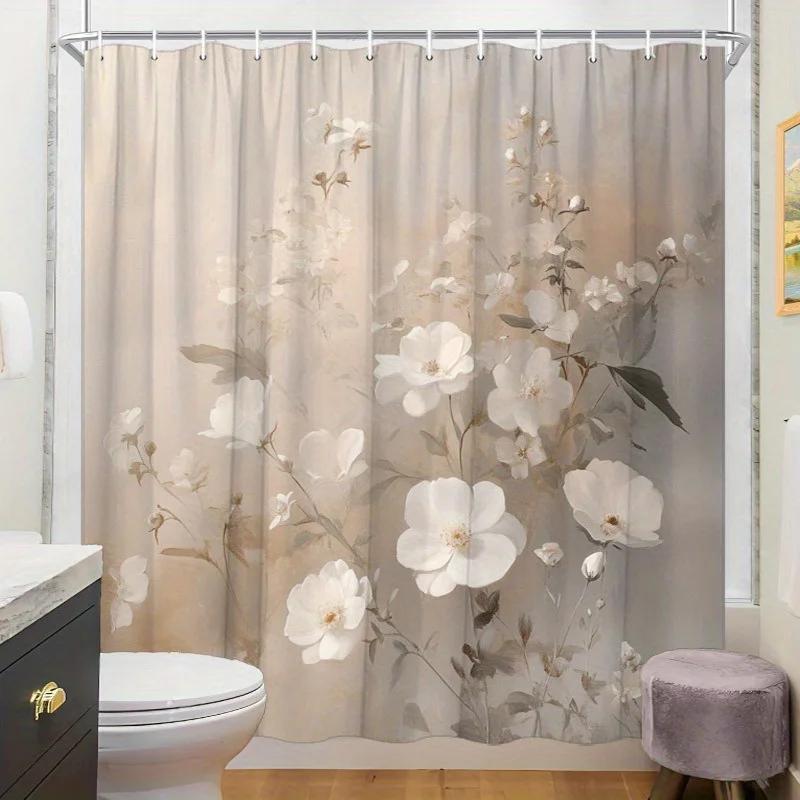 

1Pc White Flowers Bouquet Shower Curtain - Elegant Gradient Background, 70.8X70.8 , Polyester, 12 Hooks, Romantic Ambiance W60H190(CM)-1 Pcs