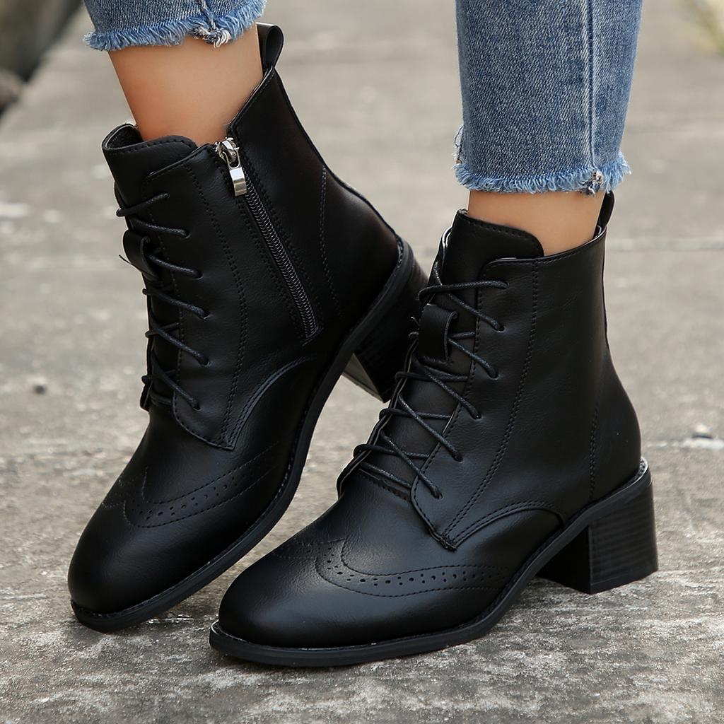 Fashion Women Square Head Splice Lace Up Versatile  Autumn Winter Square Med Heel Ankle Boots Lace Up Zipper Ladies Pumps Leather Shoes